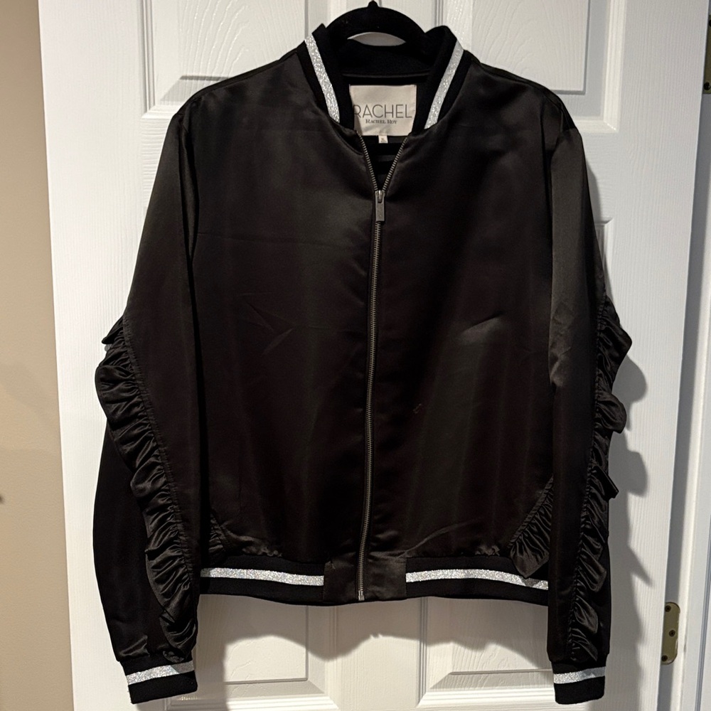 RACHEL Rachel Roy Black Satin Bomber Jacket with Silver Stripe Trim